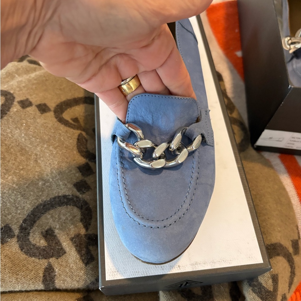 Donald J. Pliner Blue Loafers with Silver Chain